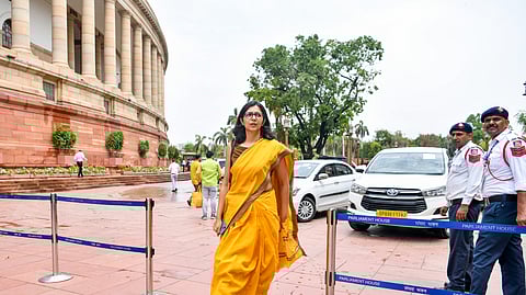 Former DCW chairperson and Rajya Sabha member Swati Maliwal at the Parliament premises in New Delhi.