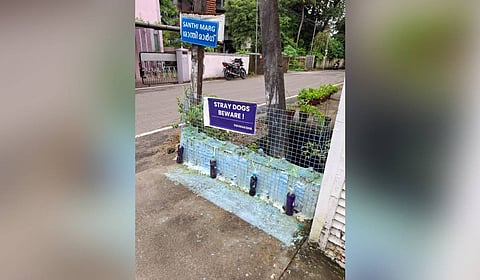 A sign board with the warning ‘Stray dogs, beware!’ put up at Chandrathil Road