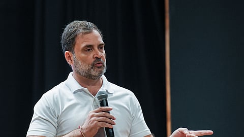 Congress leader and Lok Sabha LoP Rahul Gandhi addresses a press conference at the party headquarters in New Delhi.