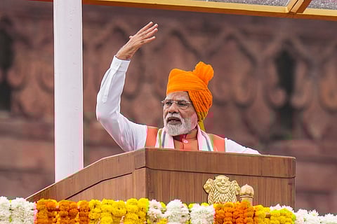 Prime Minister Narendra Modi addresses the nation from the Red Fort on the occasion of the 79th Independence Day, in New Delhi, Friday, Aug. 15, 2025.