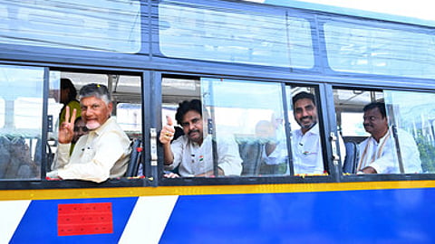 CM Nara Chandrababu Naidu, deputy CM Pawan Kalyan and minister for IT Nara Lokesh during the launch of free bus travel for women scheme Stree Shakt