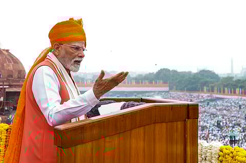 Prime Minister Narendra Modi addresses the nation from the Red Fort on the occasion of the 79th Independence Day, in New Delhi, Friday, Aug. 15, 2025