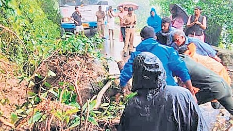 Landslip that occurred at the 21st hairpin bend at Ponmudi on Friday