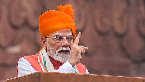 Prime Minister Narendra Modi addresses the nation from the Red Fort on the occasion of the 79th Independence Day, in New Delhi, Friday, Aug. 15, 2025.