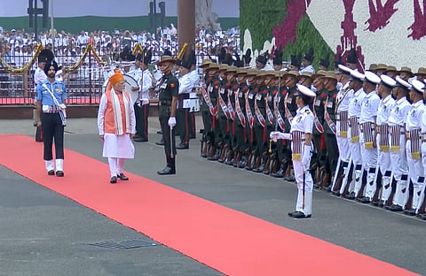 Prime Minister Narendra Modi inspects a Guard of Honour during the 79th Independence Day celebration at the Red Fort, in New Delhi, Friday, Aug. 15, 2025.