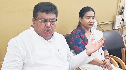 Minister M B Patil speaks to media persons in Vijayapura on Friday.