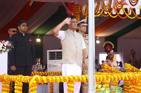 Assam Chief Minister Himanta Biswa Sarma taking salute at the passing out parade of state police during the Independence Day celebration here in Guwahati