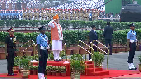 Prime Minister Narendra Modi being accorded a Guard of Honour during the 79th Independence Day celebration at the Red Fort, in New Delhi, Friday, Aug. 15, 2025.