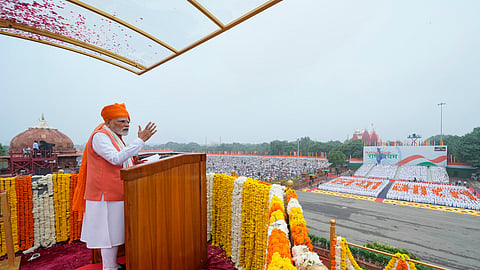 Prime Minister Narendra Modi addresses the nation from the rampart of the Red Fort during India's 79th Independence Day celebrations in New Delhi, India, Friday, Aug. 15, 2025.