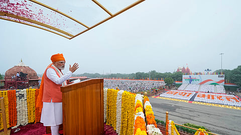 Prime Minister Narendra Modi addresses the nation from the rampart of the Red Fort during India's 79th Independence Day celebrations in New Delhi, India, Friday, Aug. 15, 2025.