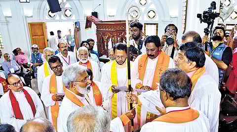 Rev Kurian Peter being consecrated bishop of Church of South India Cochin diocese at CSI Immanuel Cathedral on Friday