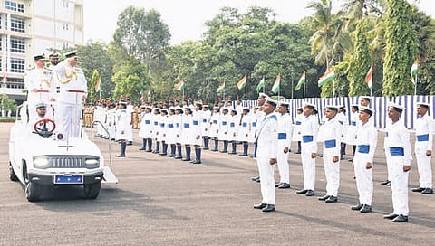 ENC Flag Officer Commanding-in-Chief Vice Admiral Rajesh Pendharkar inspecting Guard of Honour at the Independence Day celebrations in Vizag on Friday.