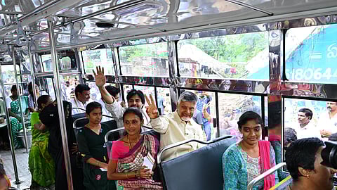 CM Chandrababu Naidu, Deputy CM Pawan Kalyan, and HRD Minister Nara Lokesh travel in an RTC bus to mark the launch of Stree Shakti Scheme on Friday.