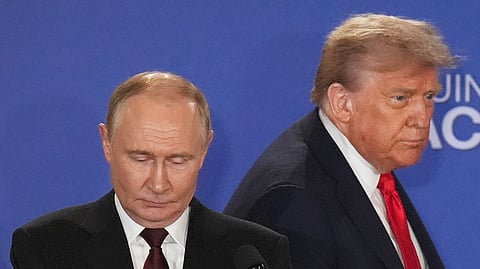 President Donald Trump, right, Russia's President Vladimir Putin in Alaska, Friday, Aug. 15, 2025.