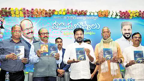 Chief Minister A Revanth Reddy releases a book, titled Hasita Bashpalu’, at TGGENCO Auditorium in Hyderabad