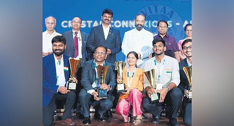 Alumni excellence awardees along with Kamal Haasan at VIT on Friday