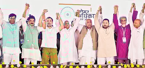 Cong chief Mallikarjun Kharge, Rahul Gandhi, RJD supremo Lalu Prasad, Tejashwi Yadav, CPI(M-L)’s Dipankar Bhattacharya, and others during ‘Voter Adhikar Yatra’.
