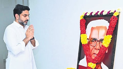 Education and IT Minister Nara Lokesh paid rich tributes to freedom fighter Sardar Gouthu Latchanna, on his birth anniversary on Saturday