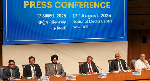Chief Election Commissioner Gyanesh Kumar with Election Commissioners Sukhbir Singh Sandhu and Vivek Joshi addresses a press conference, in New Delhi, Sunday, Aug. 17, 2025.