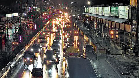 Vehicles queued up on GST Road at Chromepet on Sunday night.