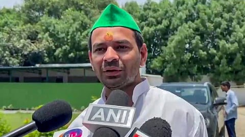 Expelled RJD leader and Lalu Prasad’s eldest son Tej Pratap Yadav speaks to the media in Patna.