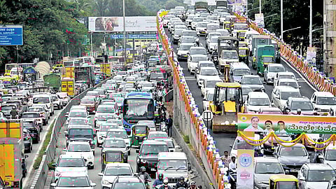 Bumper-to-bumper traffic on the newly inaugurated Hebbal Flyover loop on Monday