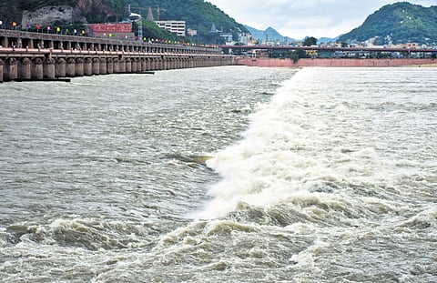 Surplus water continues from Prakasam Barrage in Vijayawada.
