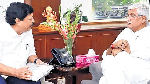Tourism, Culture and Cinematography Minister Kandula Durgesh with Union Minister of Tourism and Culture Gajendra Singh Shekhawat at New Delhi.
