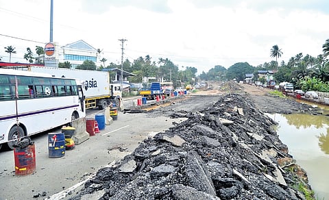 Traffic gridlock along the Muringoor Potta section where works are under way.