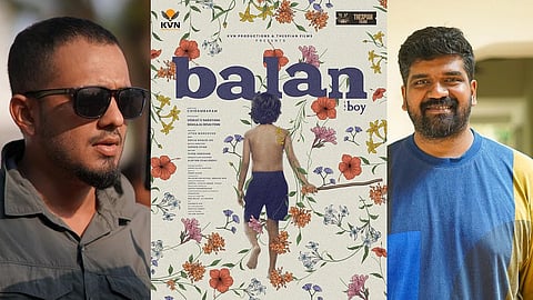 (L to R) Chidambaram, Title poster of Balan: The Boy, Jithu Madhavan