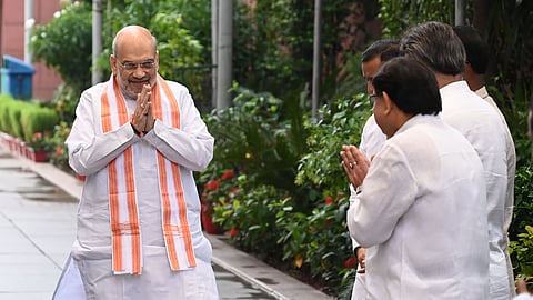 Union minister Amit Shah arrives for BJPs National parliamentary meeting at BJP Party HQ in New Delhi on Sunday. 17, August,2025.
