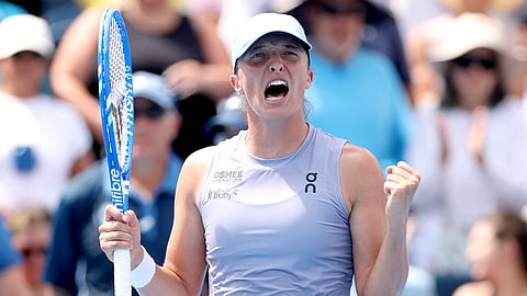 Iga Swiatek of Poland celebrates her win against Elena Rybakina of Kazakhstan during the semifinals of the Cincinnati Open at Lindner Family Tennis Center on August 17, 2025 in Mason, Ohio.