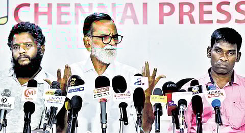 LTUC adviser S Kumaraswamy talking to reporters in Chennai on Monday