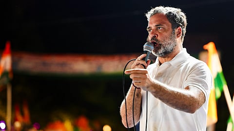 LoP in the Lok Sabha and Congress leader Rahul Gandhi speaks during 'Voter Adhikar Yatra', in Bihar, on Aug. 18, 2025.