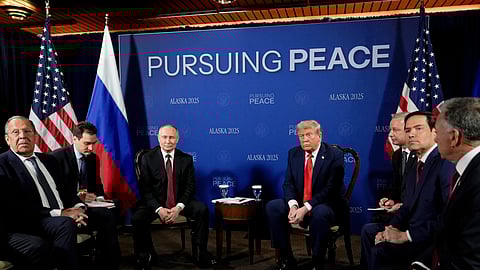 President Donald Trump meets with Russia's President Vladimir Putin Friday, Aug. 15, 2025, at Joint Base Elmendorf-Richardson, Alaska. At left is Russia's Foreign Minister Sergey Lavrov and second from right is Secretary of State Marco Rubio.