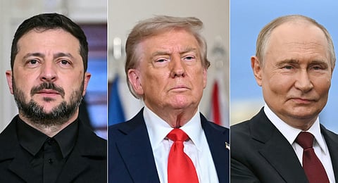 This combination of pictures, created on August 18, 2025, shows US President Donald Trump (C) and Ukrainian President Volodymyr Zelensky (L) in Washington, DC, on August 18, 2025, and Russian President Vladimir Putin (R) in Anchorage, Alaska, on August 15, 2025.