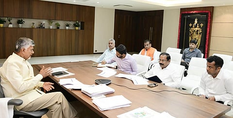 CM Nara Chandrababu Naidu during review meeting with CS K Vijayanand on rains on Monday.
