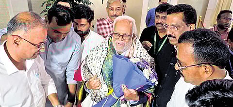 Congress MPs from Telangana greet Justice B Sudershan Reddy in New Delhi on Tuesday.
