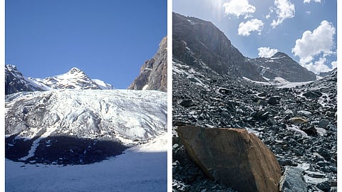 An overview of the Ventina glacier, near Sondrio, northern Italy,1985 (L) and 2025 (R).
