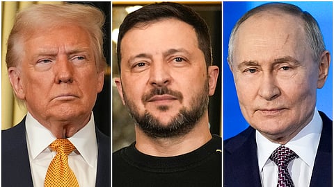 US President Donald Trump (left), Ukraine's President Volodymyr Zelenskyy (centre), and Russian President Vladimir Putin (right).