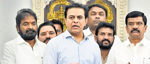 BRS working president KT Rama Rao addresses the media in Hyderabad on Wednesday.