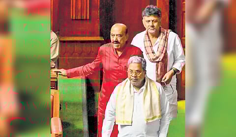 Chief Minister Siddaramaiah and Deputy Chief Minister DK Shivakumar arrive in the Assembly on Tuesday.