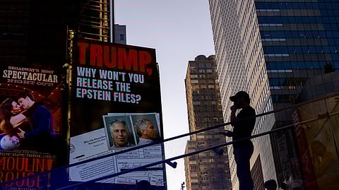 A billboard in Times Square calls for the release of the Epstein files on July 23, 2025 in New York City.