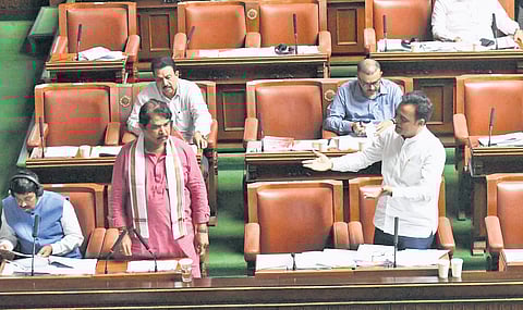 Leader of Opposition in the Assembly R Ashoka and BJP MLA Dr CN Ashwath Narayan speak in the House at Vidhana Soudha on Wednesday