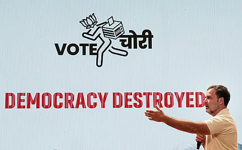 Leader of Opposition in Lok Sabha Rahul Gandhi addressing a press conference in New Delhi.