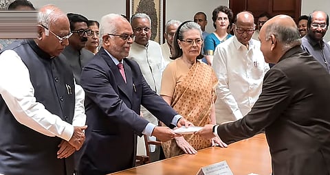 INDIA bloc's vice presidential candidate B Sudershan Reddy files his nomination, in New Delhi, Wednesday, Aug. 20, 2025. Congress President Mallikarjun Kharge, party leader Sonia Gandhi and NCP (SP) chief Sharad Pawar are also seen.