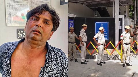 Rajesh Bhai Khimji, accused of attacking Delhi Chief Minister Rekha Gupta (L), Security outside Delhi CM's residence ( R).