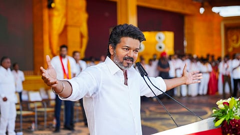 Tamilaga Vettri Kazhagam (TVK) President Vijay addresses the party's second State-level conference, in Madurai, Thursday, Aug. 21, 2025.