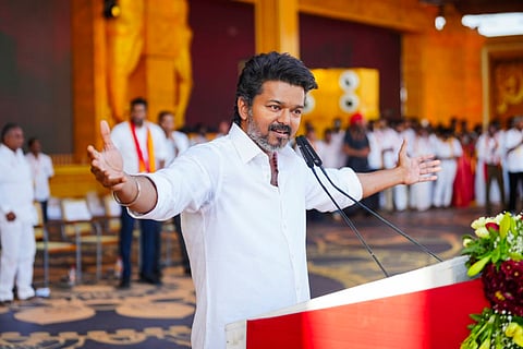 Tamilaga Vettri Kazhagam (TVK) President Vijay addresses the party's second State-level conference, in Madurai, Thursday, Aug. 21, 2025.