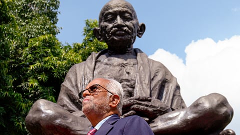 INDIA bloc's vice presidential candidate B Sudershan Reddy visits the Gandhi Statue at the Parliament House complex, in New Delhi, Thursday, Aug. 21, 2025